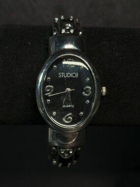Studio Time Black Floral Cuff Watch Crystal Petals Japan Movt New Battery